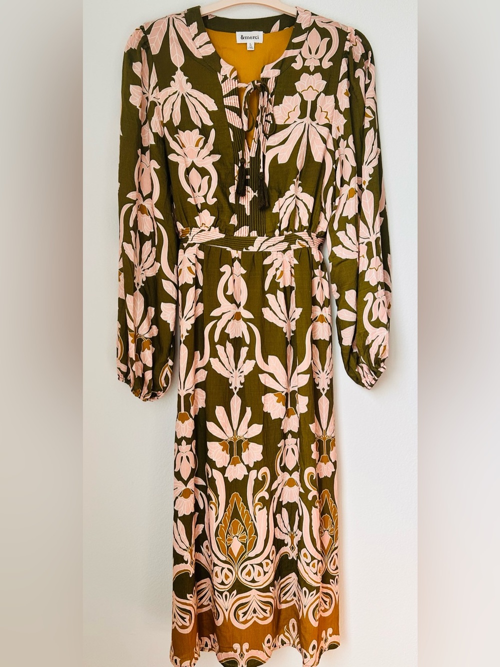 &merci Boho Floral Maxi Dress Olive Green Pink Print Tassel Tie Waist Flowy